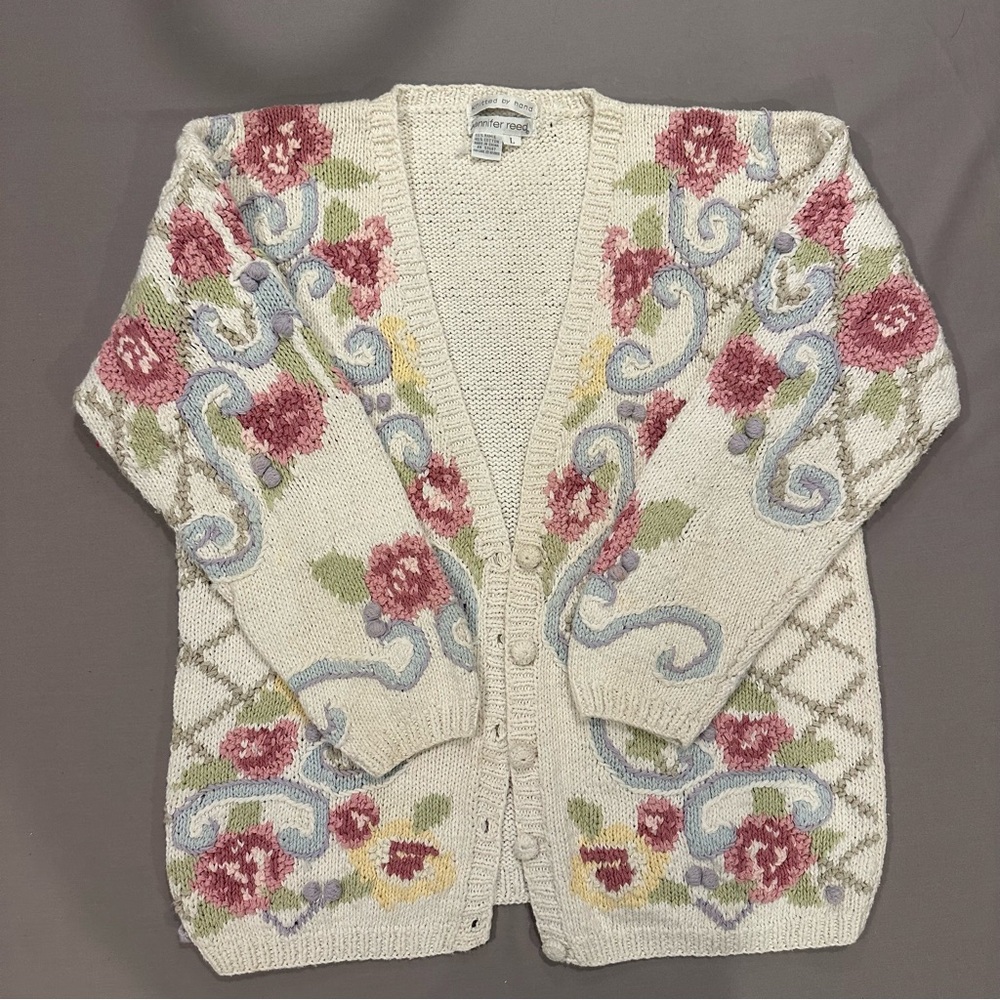 VINTAGE 90s Jennifer Reed Hand Knitted Sweater Women Large Ivory Floral Cardigan